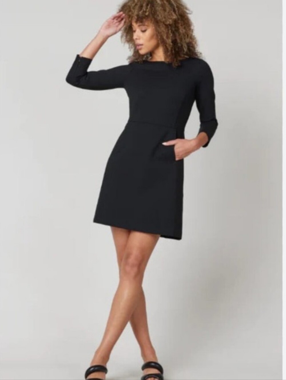 SPANX Black Ponte A-Line Dress 3/4 Sleeve Pockets Stretch Career Classic Sz L